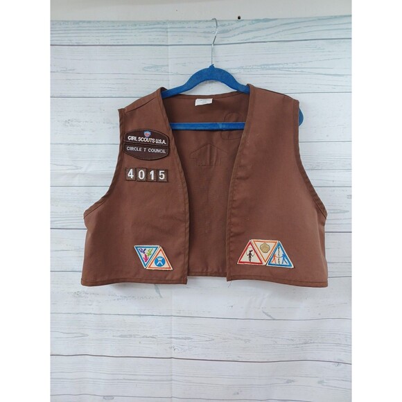 Vtg Girl Scouts Circle T Council Green Vest With Patches #4015 Sz L - Picture 1 of 10